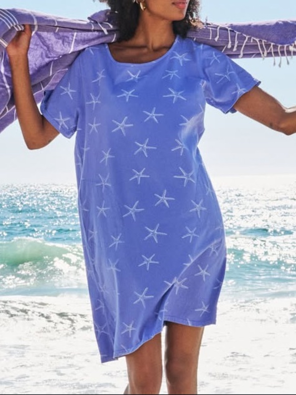 Fresh Produce Blue Sea Star Starfish Print Beach Cotton T-Shirt Dress